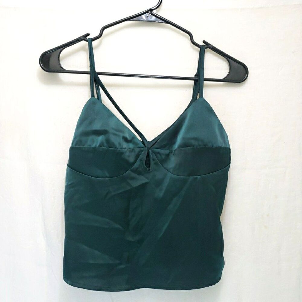 Y2K 90's Forever 21 Emerald Green Satin Cami Tank Top Smocked Back Small
